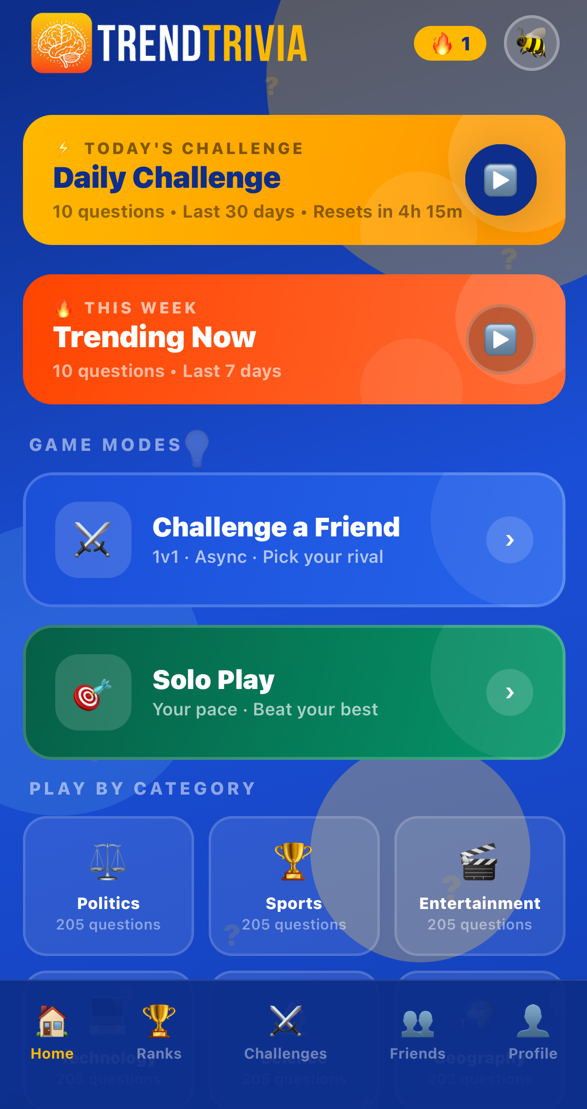 TrendTrivia Home Screen