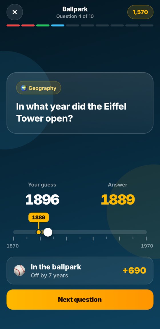 Ballpark in Trend Trivia: guessing the year the Eiffel Tower opened, with a guess of 1896 against the answer 1889, scored In the ballpark for 690 points
