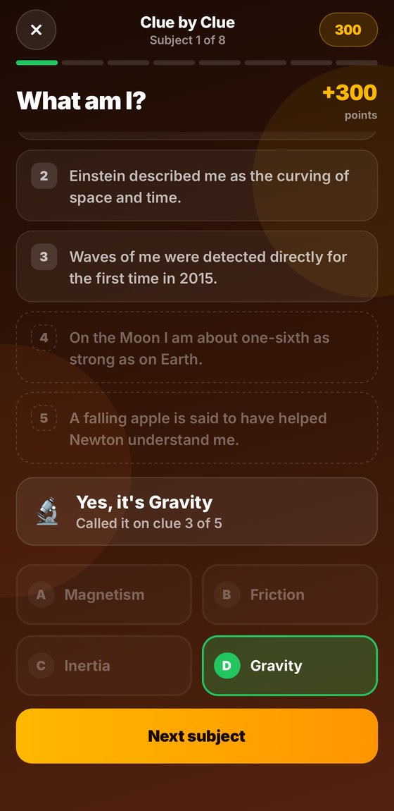 Clue by Clue in Trend Trivia: a What am I? subject answered as Gravity on clue 3 of 5 for 300 points, with the unused clues shown faded