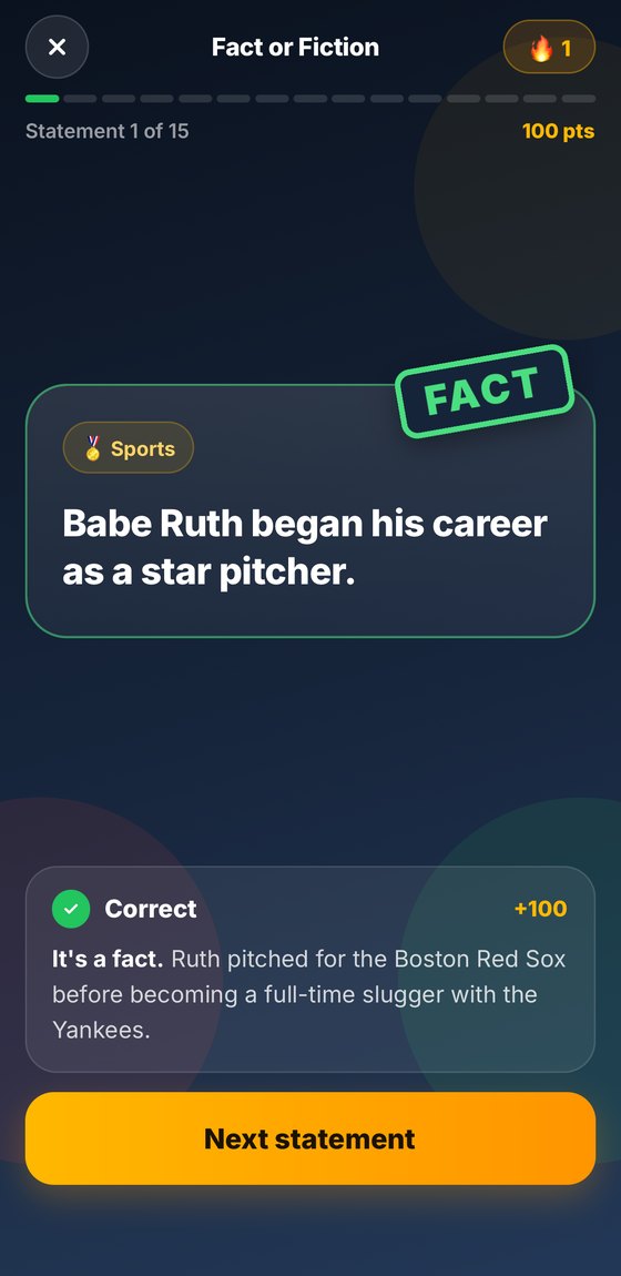 Fact or Fiction in Trend Trivia: a Sports statement about Babe Ruth stamped FACT, with the explanation underneath