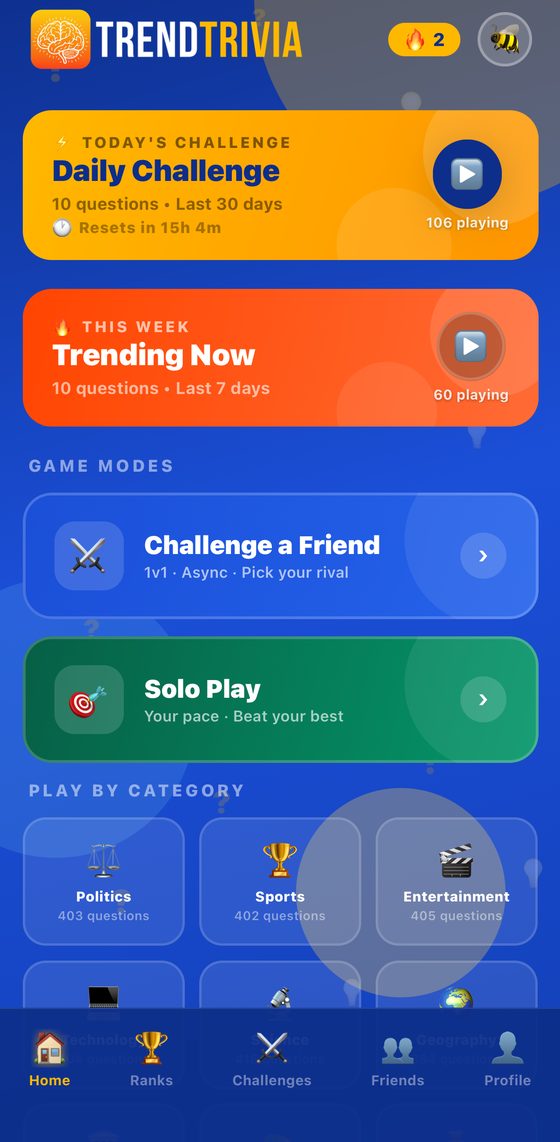 TrendTrivia Home Screen