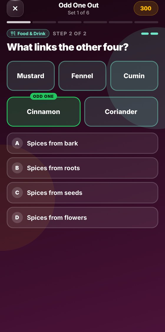 Odd One Out in Trend Trivia: five spice tiles with Cinnamon marked as the odd one, and four choices for what links the other four