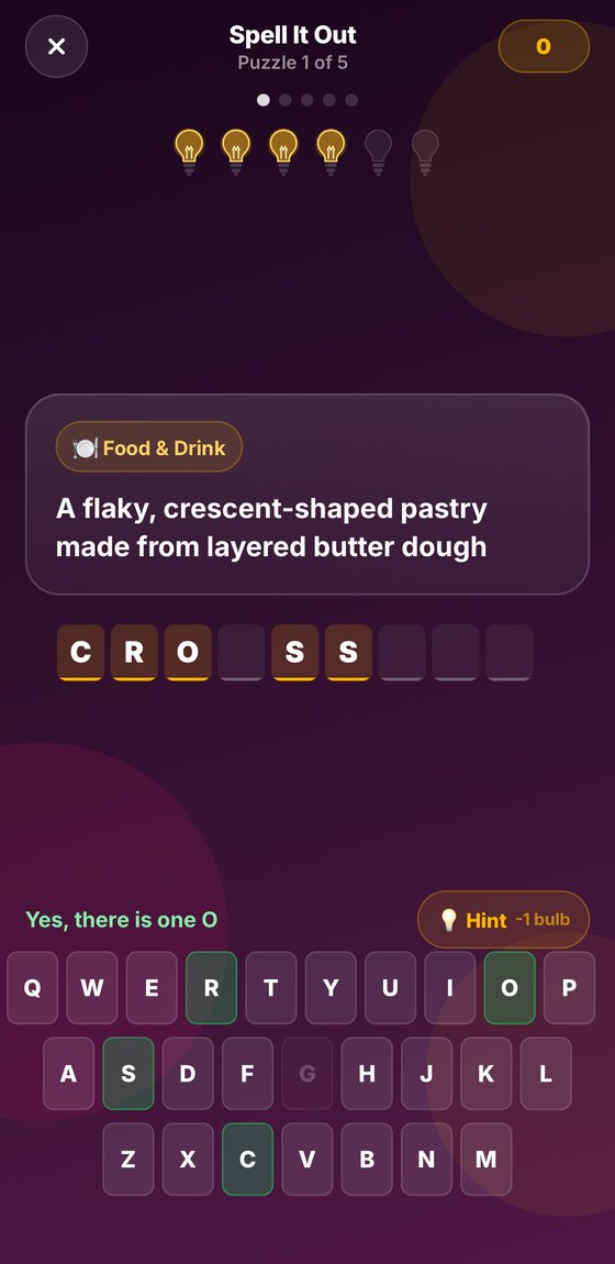 Spell It Out in Trend Trivia: a Food and Drink clue about a crescent-shaped pastry, with C, R, O and S filled in and four of six bulbs still lit
